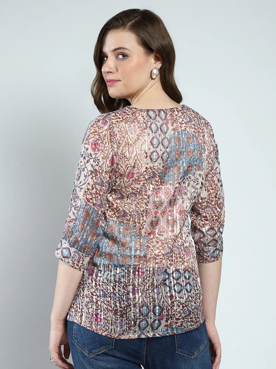 Women Multicolor Printed Round Neck 3/4th Sleeve Top - Image 5