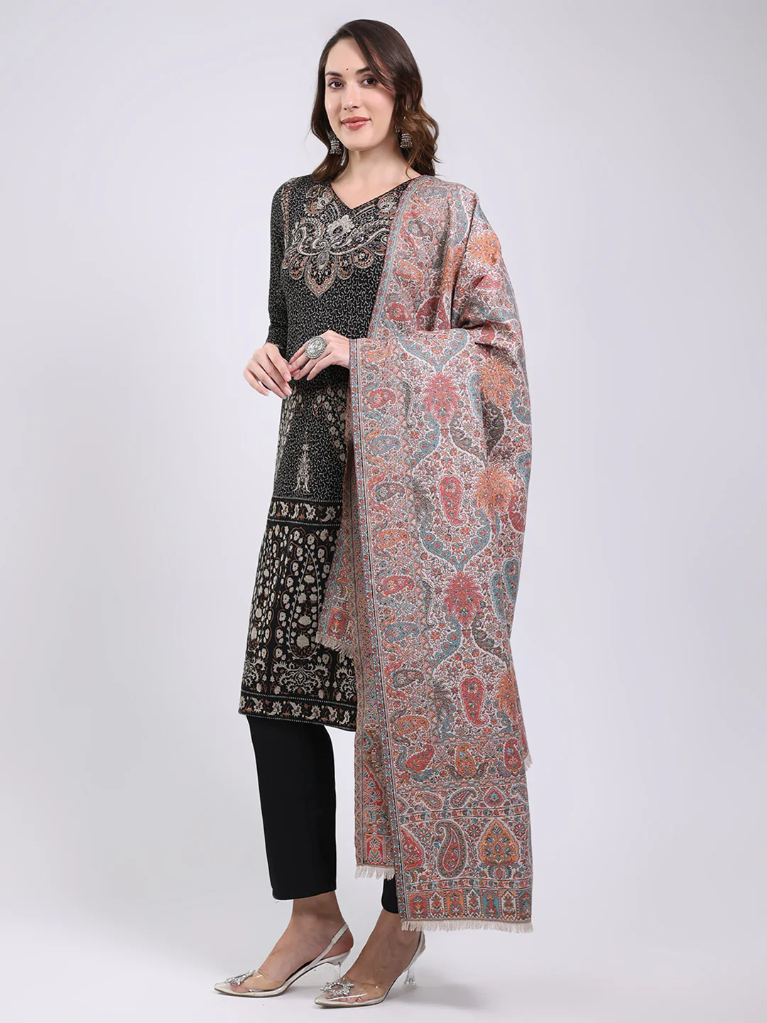 Women Multicolor Printed Wool Blend Shawl - Image 3