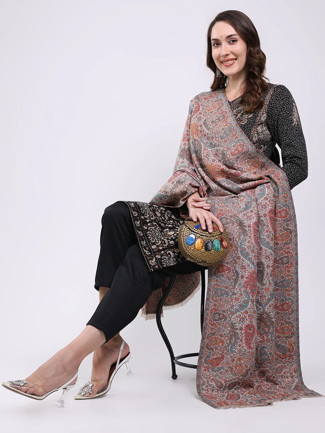 Women Multicolor Printed Wool Blend Shawl - Image 5