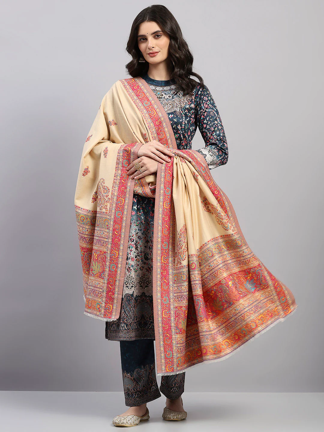 Women Multicolor Printed Wool Blend Shawl - Image 2