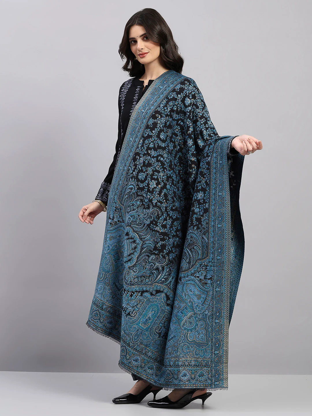 Women Multicolor Printed Wool Blend Shawl - Image 3