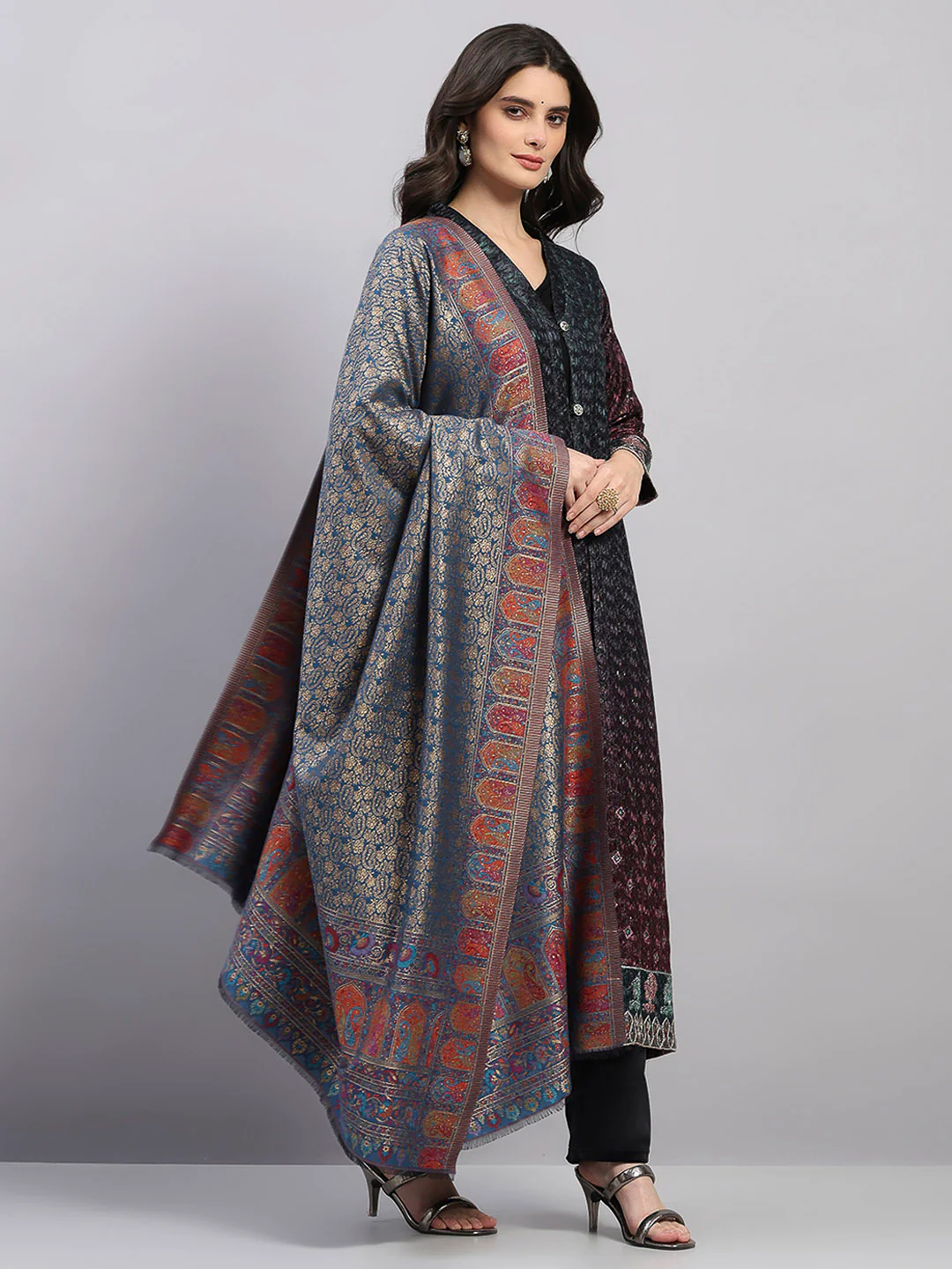 Women Multicolor Printed Wool Blend Shawl - Image 4