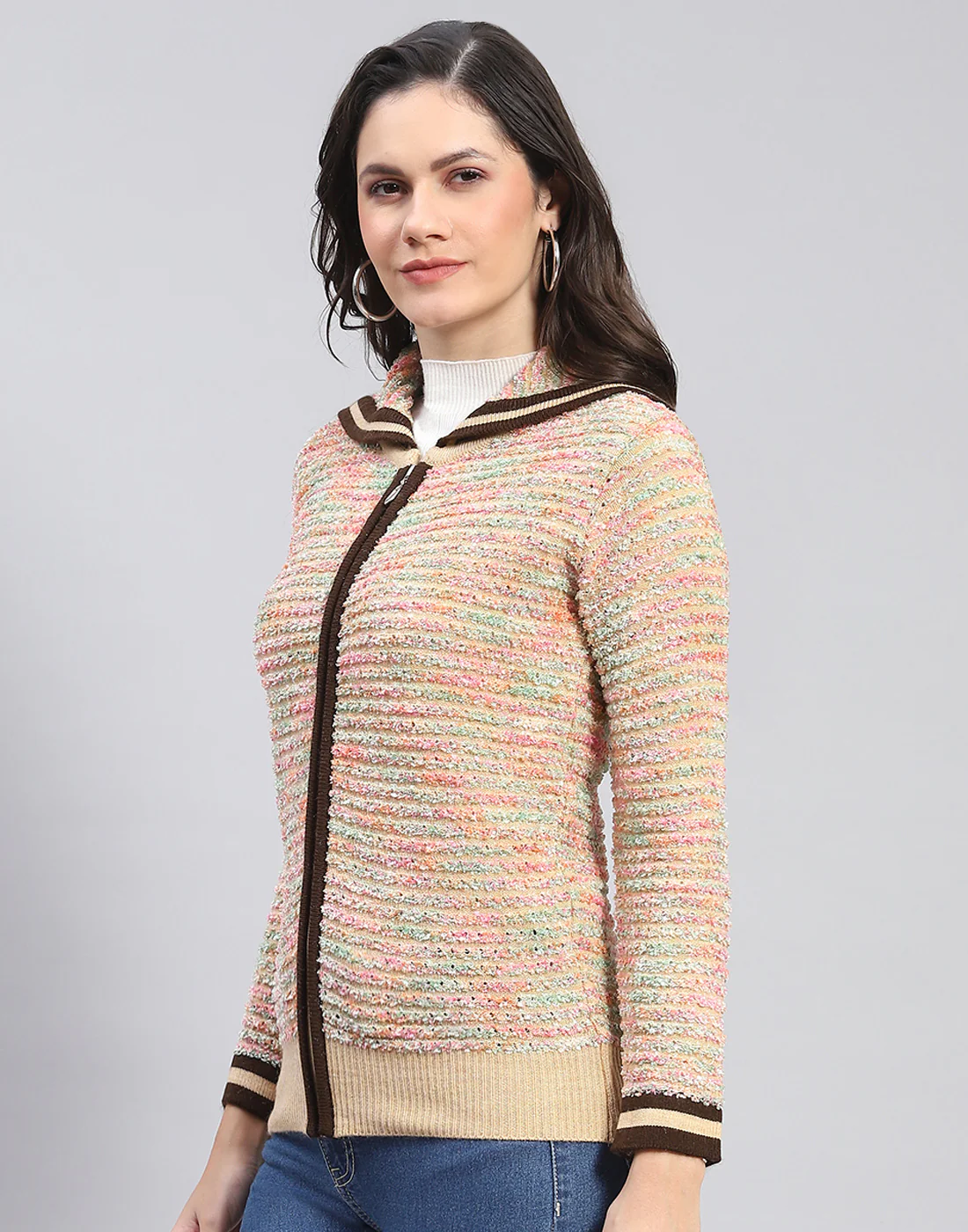 Women Multicolor Self Design Collar Full Sleeve Cardigan - Image 3