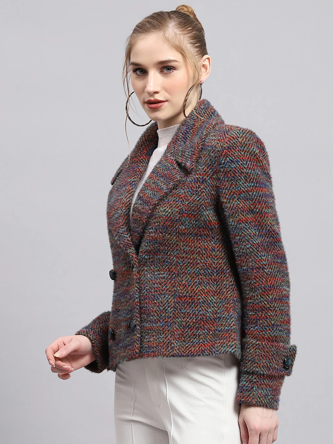 Women Multicolor Self Design Collar Full Sleeve Coat - Image 3