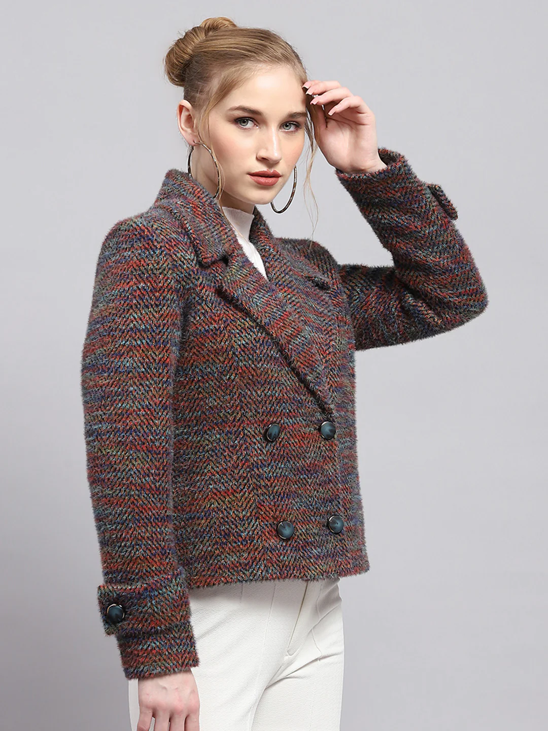 Women Multicolor Self Design Collar Full Sleeve Coat - Image 4