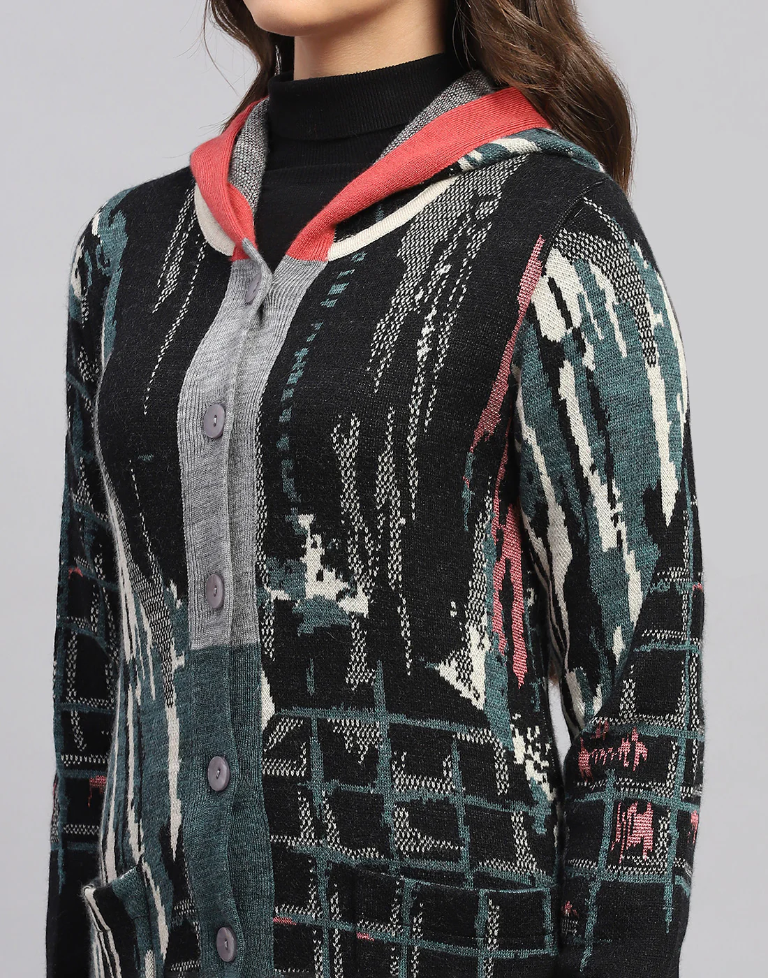 Women Multicolor Self Design Hooded Full Sleeve Cardigan - Image 6