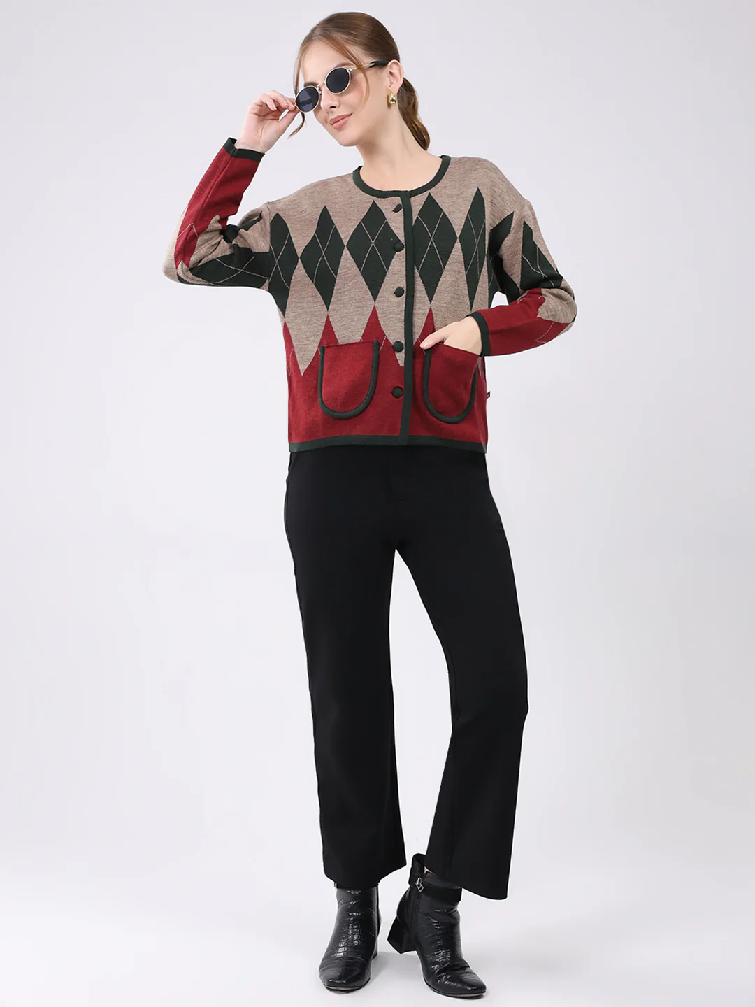 Women Multicolor Self Design Round Neck Full Sleeve Cardigan - Image 2