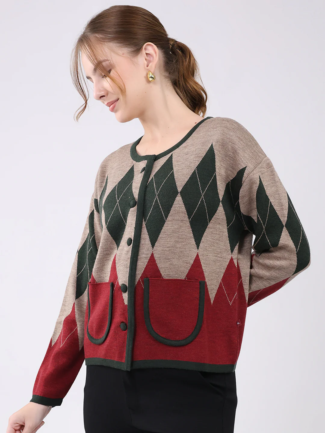 Women Multicolor Self Design Round Neck Full Sleeve Cardigan - Image 3