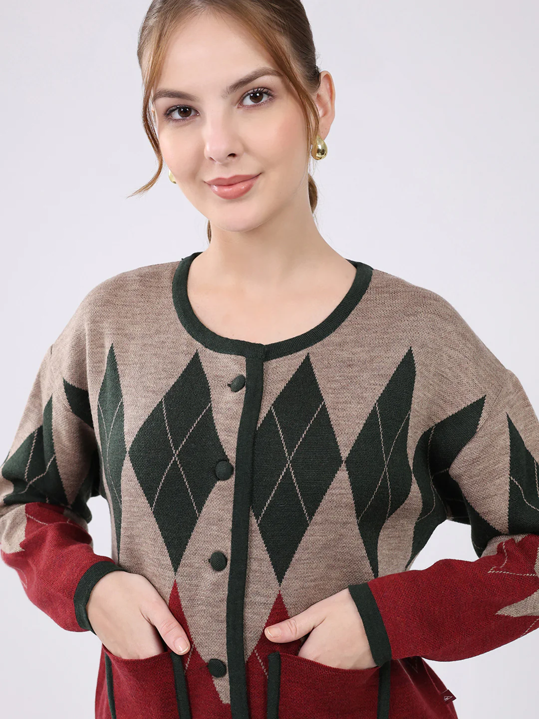 Women Multicolor Self Design Round Neck Full Sleeve Cardigan - Image 6