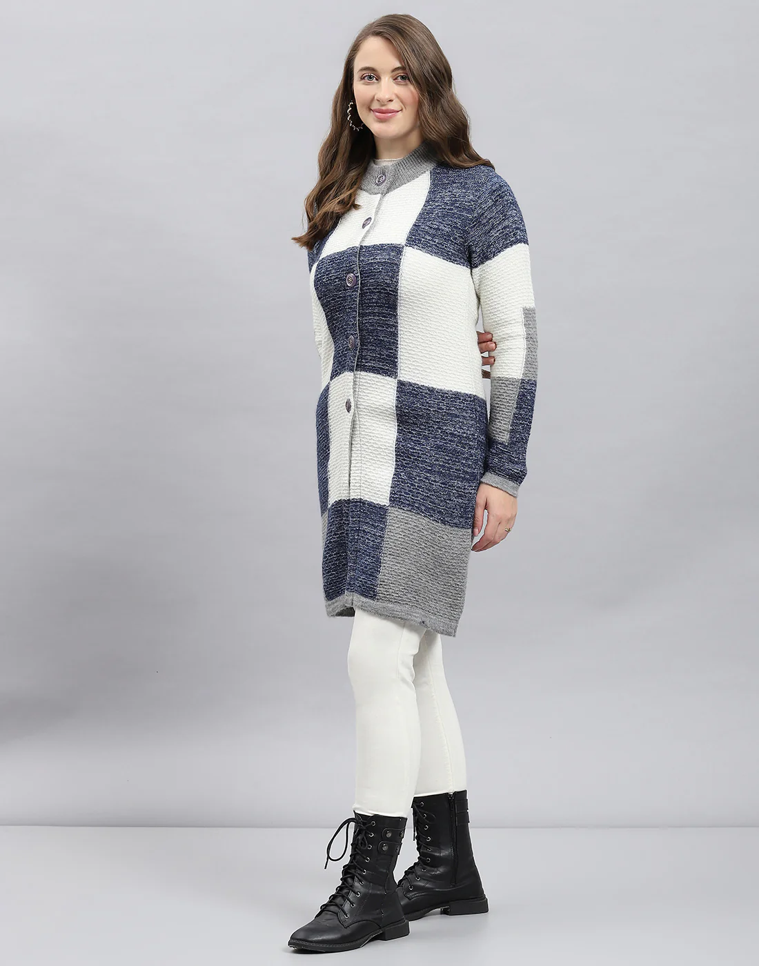 Women Multicolor Self Design Round Neck Full Sleeve Knitted coat - Image 3