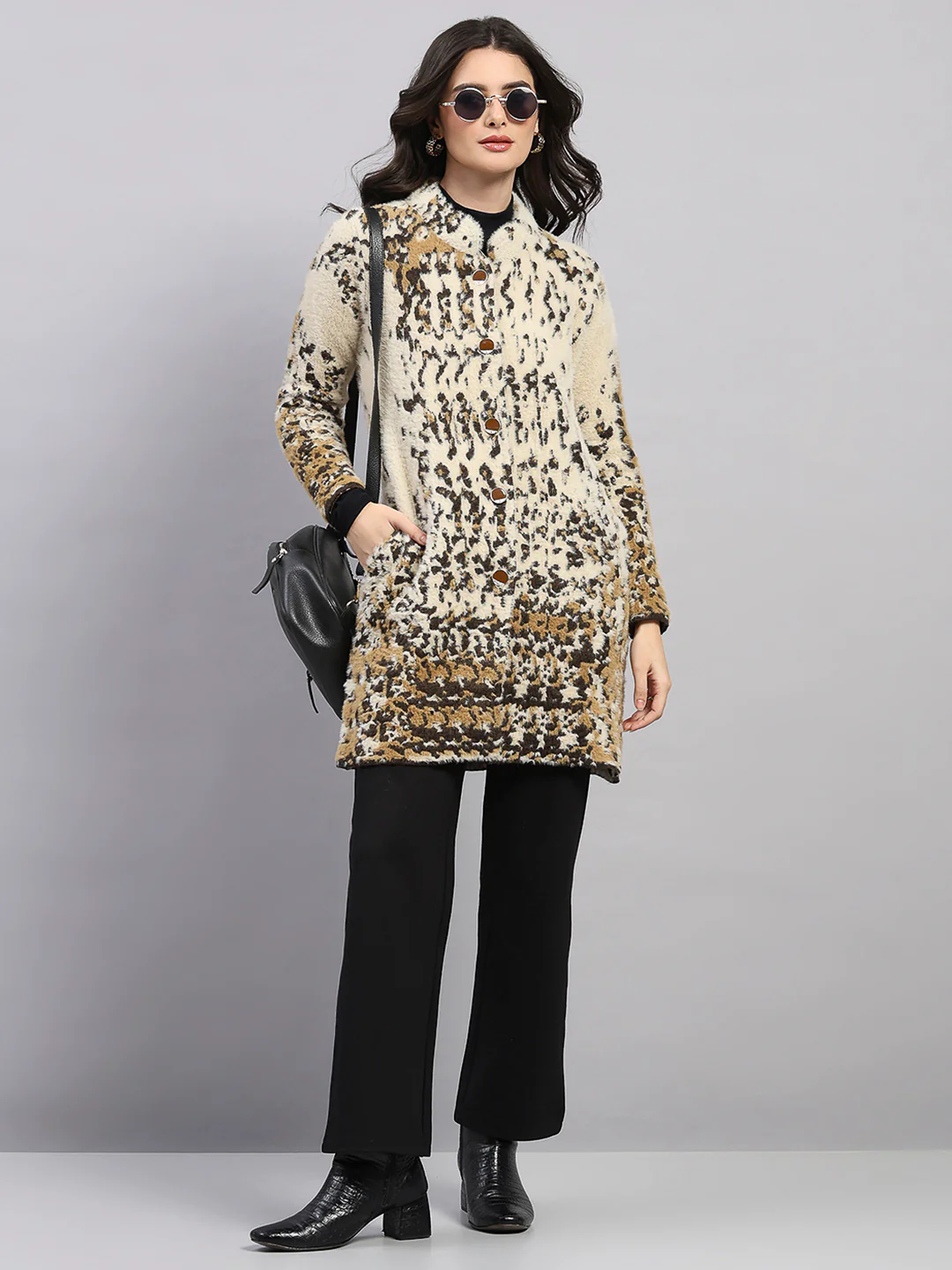 Women Multicolor Self Design Round Neck Full Sleeve Knitted Coat - Image 2