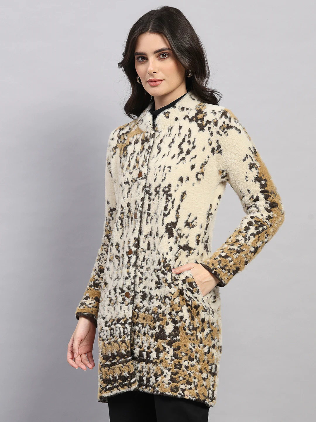 Women Multicolor Self Design Round Neck Full Sleeve Knitted Coat - Image 3