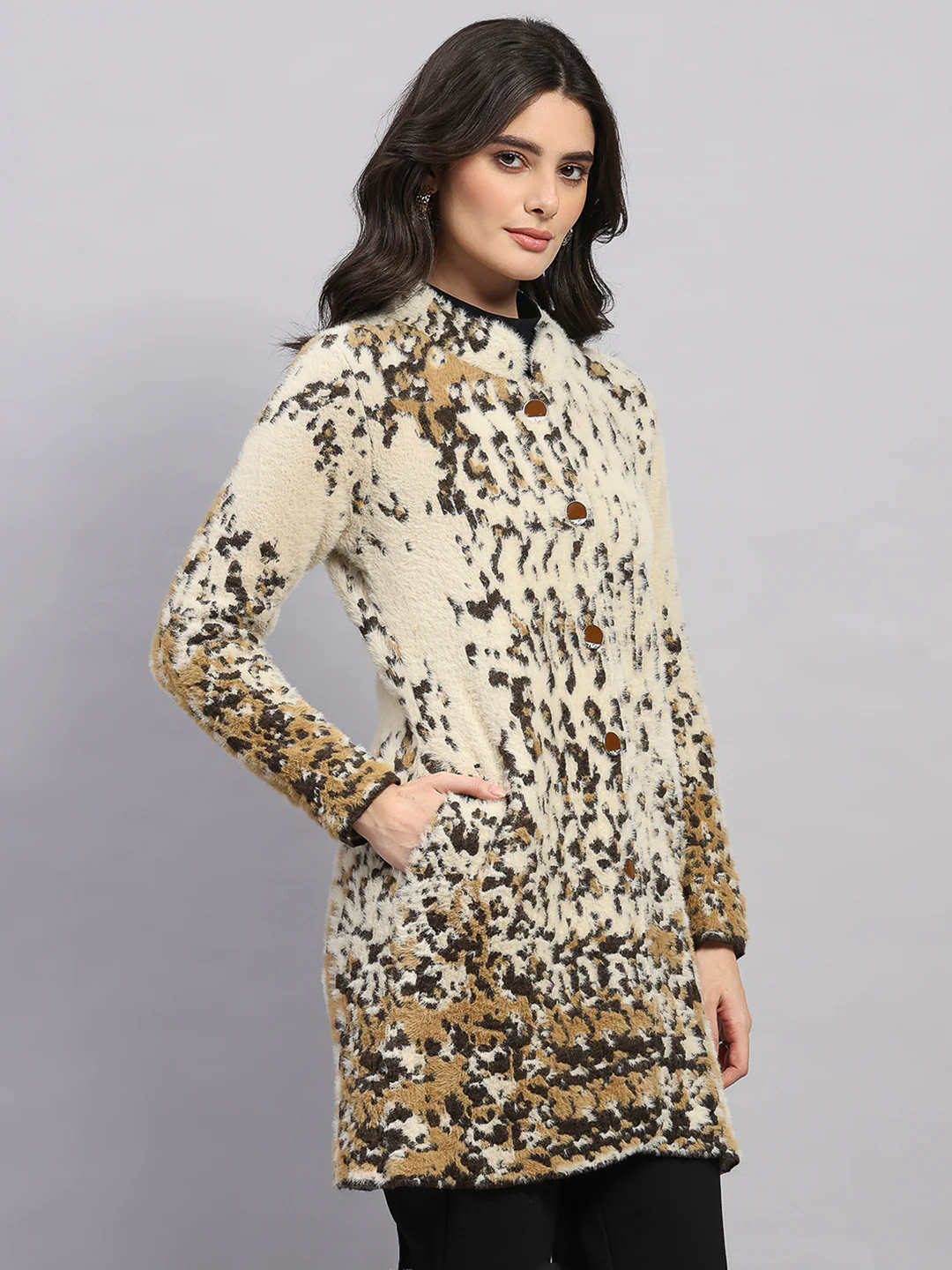 Women Multicolor Self Design Round Neck Full Sleeve Knitted Coat - Image 4