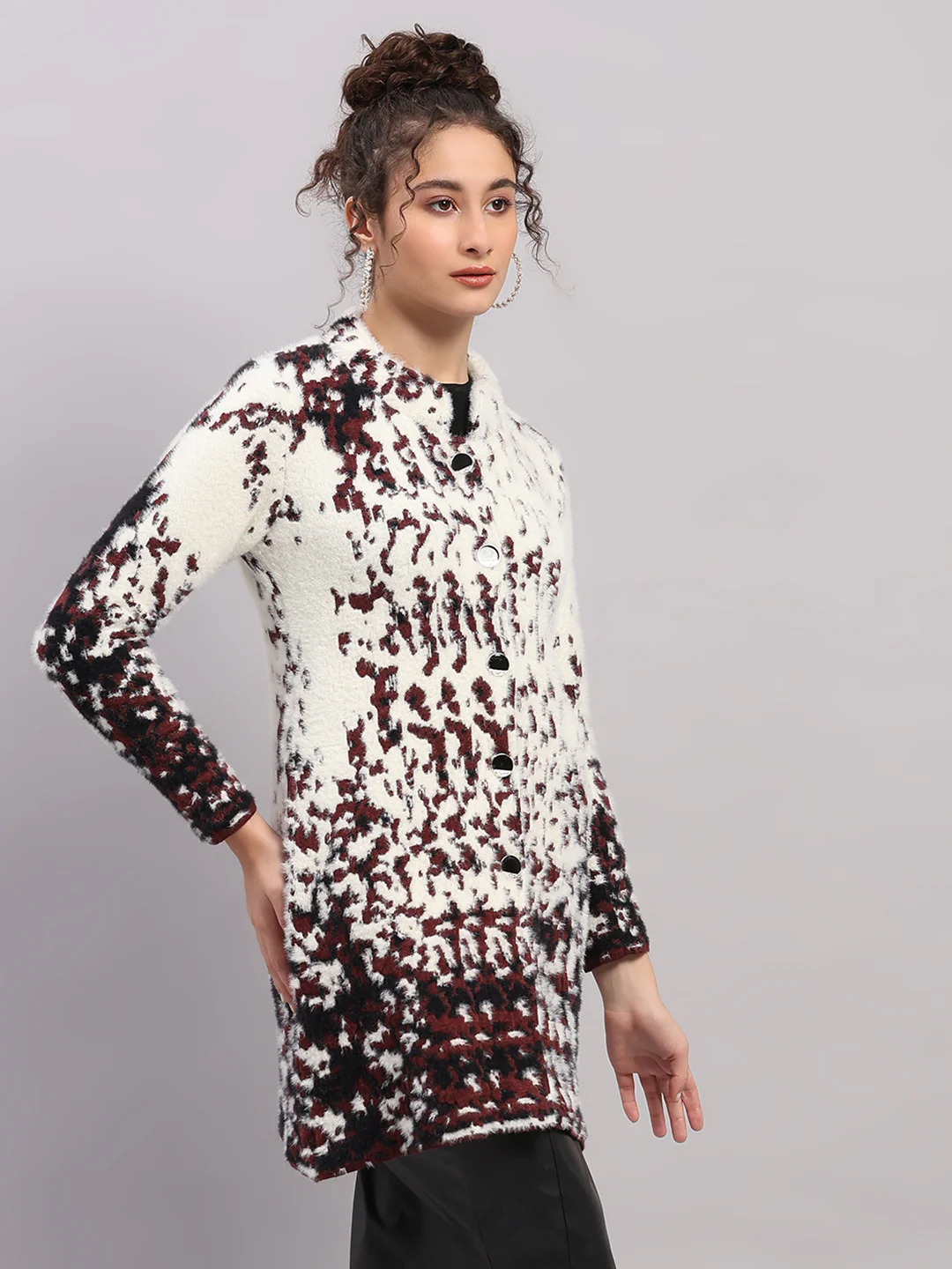 Women Multicolor Self Design Round Neck Full Sleeve Knitted Coat - Image 4