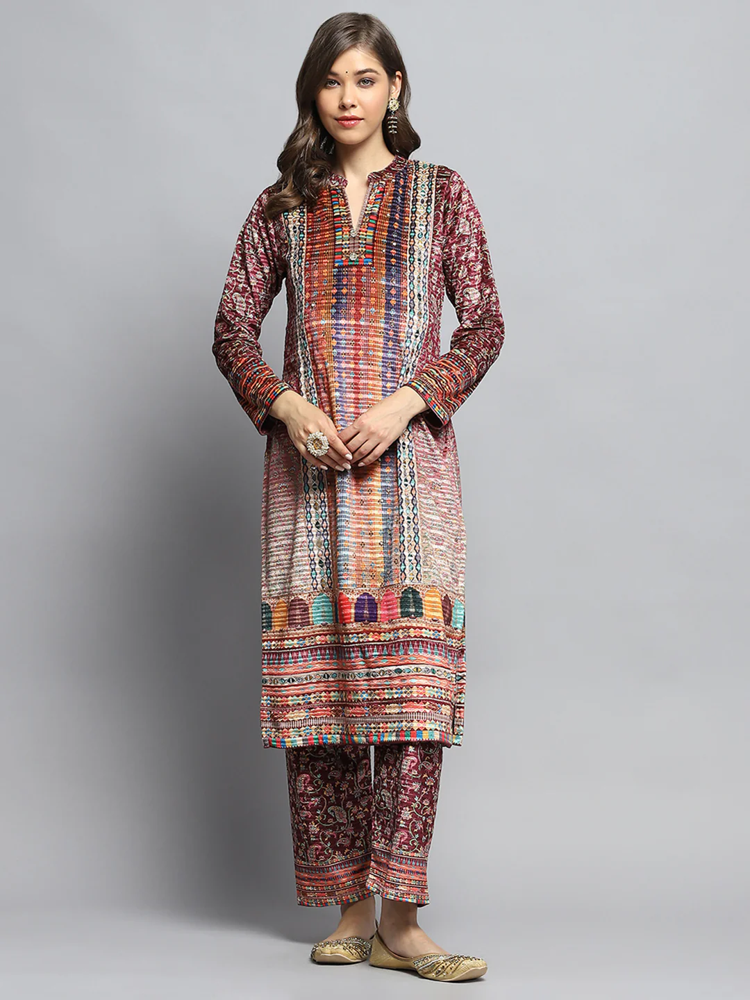 Women Multicolor Self Design Round Neck Full Sleeve Kurti Set with Bag - Image 5