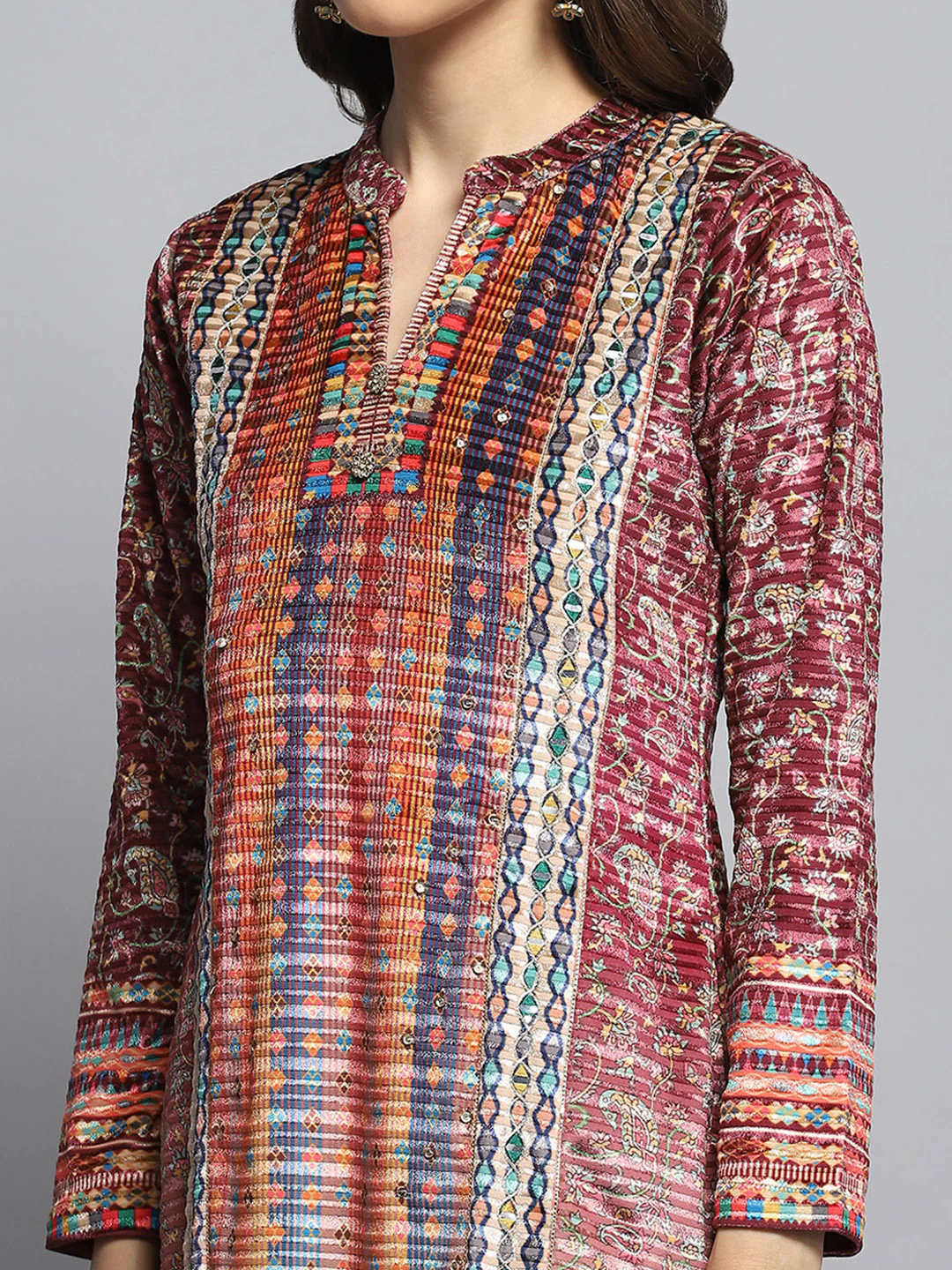 Women Multicolor Self Design Round Neck Full Sleeve Kurti Set with Bag - Image 7