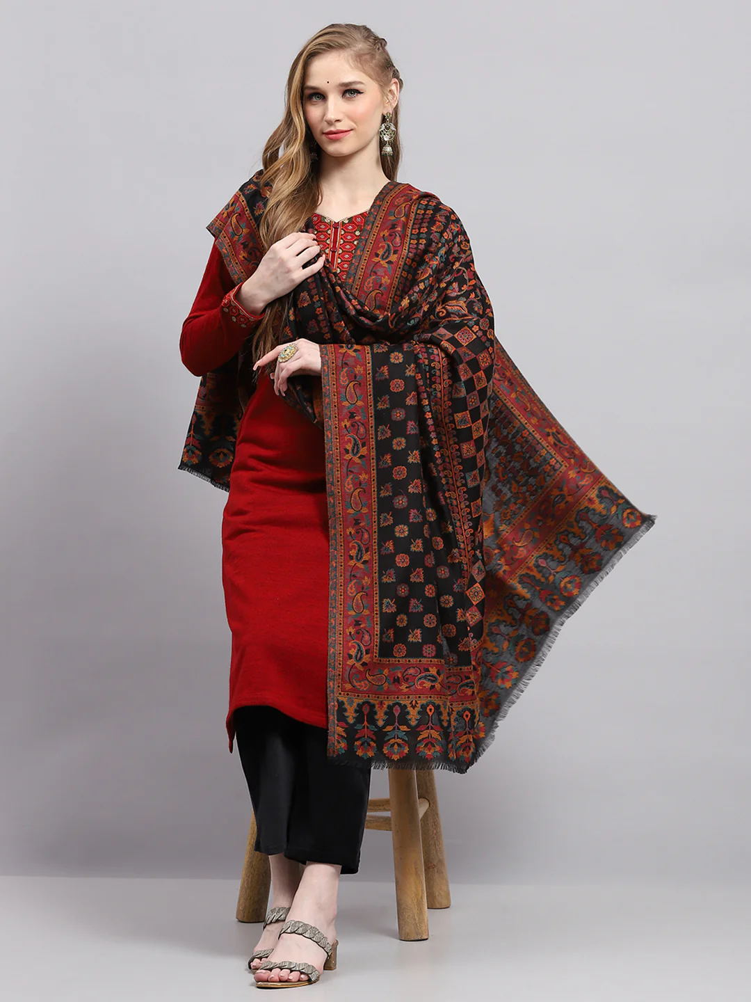 Women Multicolor Self Design Shawl - Image 5