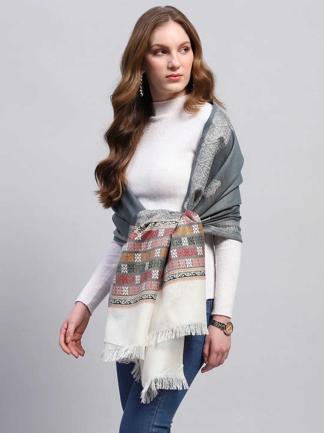 Women Multicolor Self Design Stole - Image 3