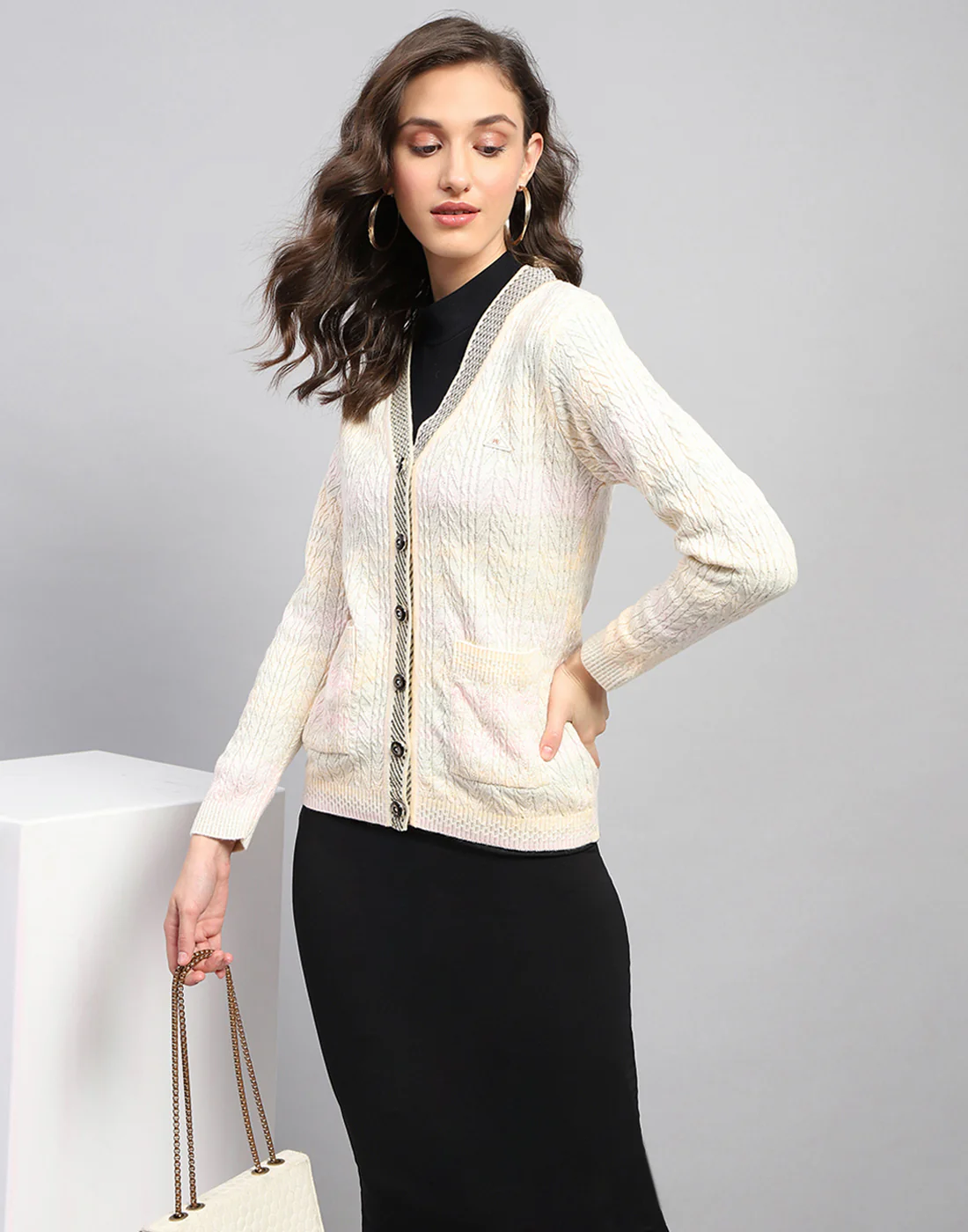 Women Multicolor Self Design V Neck Full Sleeve Cardigan - Image 2
