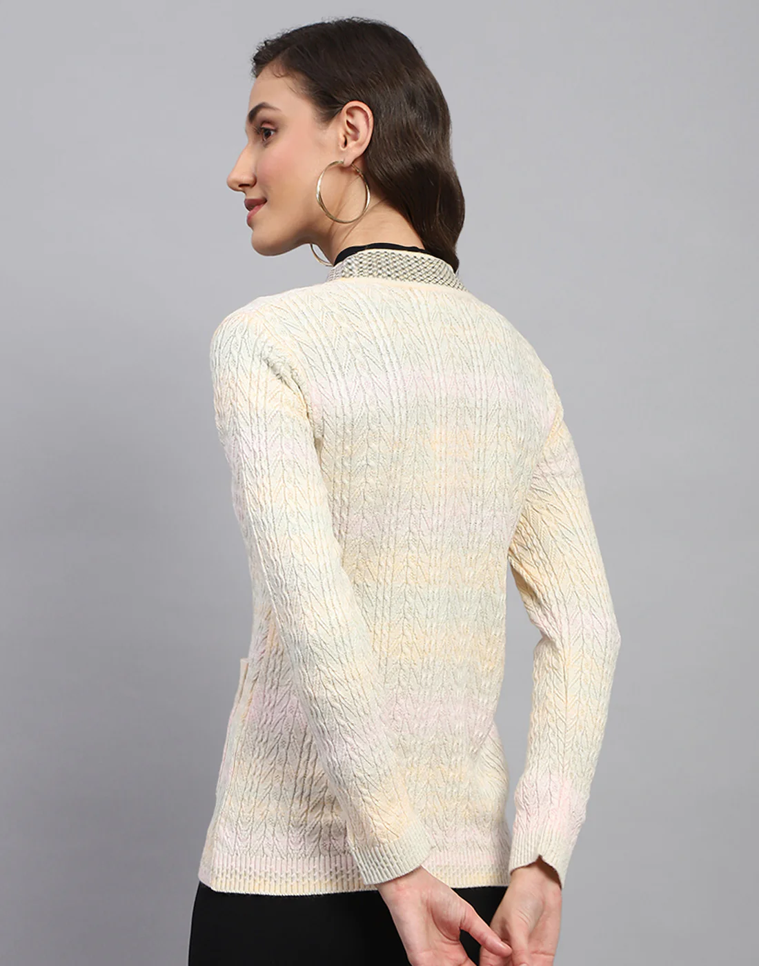 Women Multicolor Self Design V Neck Full Sleeve Cardigan - Image 6