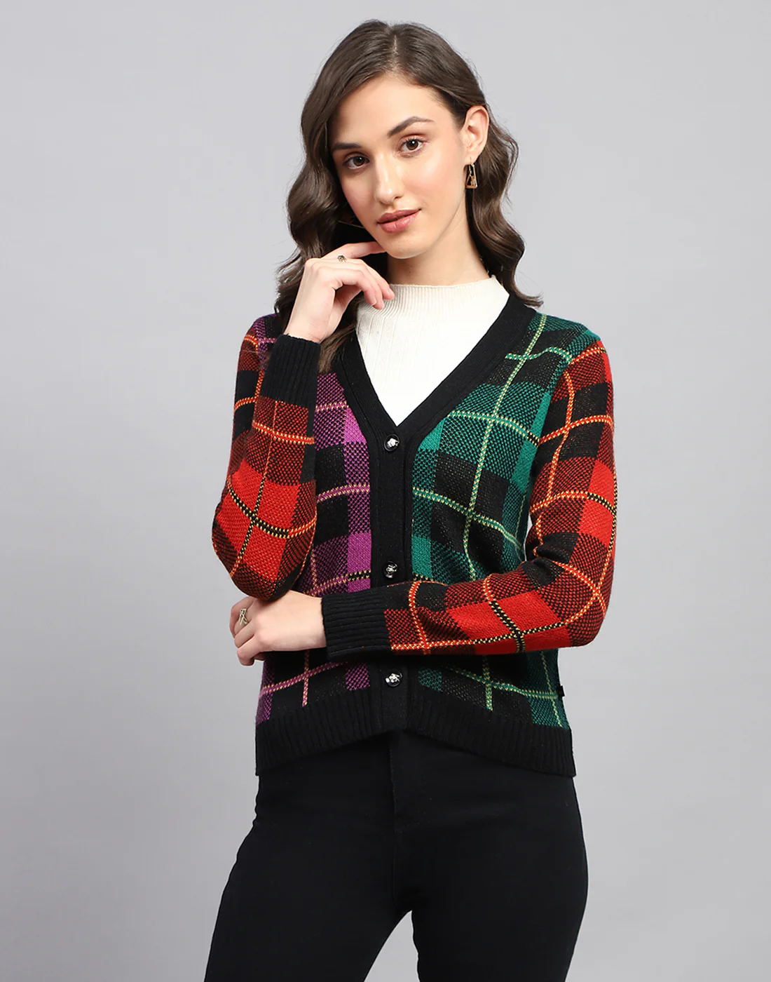 Women Multicolor Self Design V Neck Full Sleeve Cardigan - Image 3