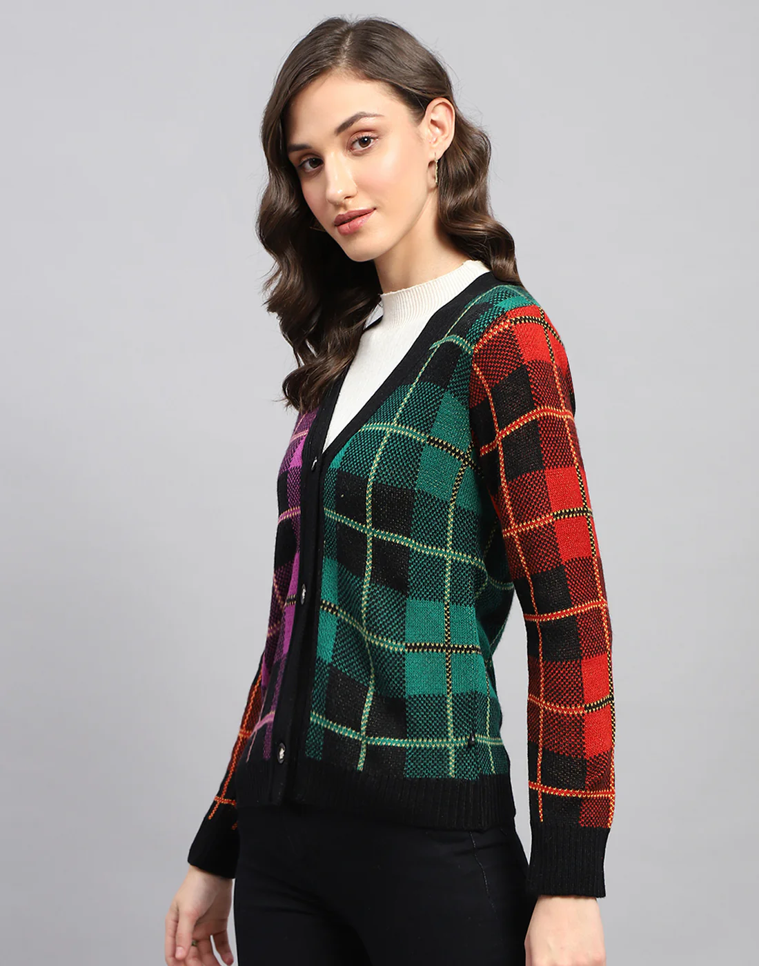 Women Multicolor Self Design V Neck Full Sleeve Cardigan - Image 4