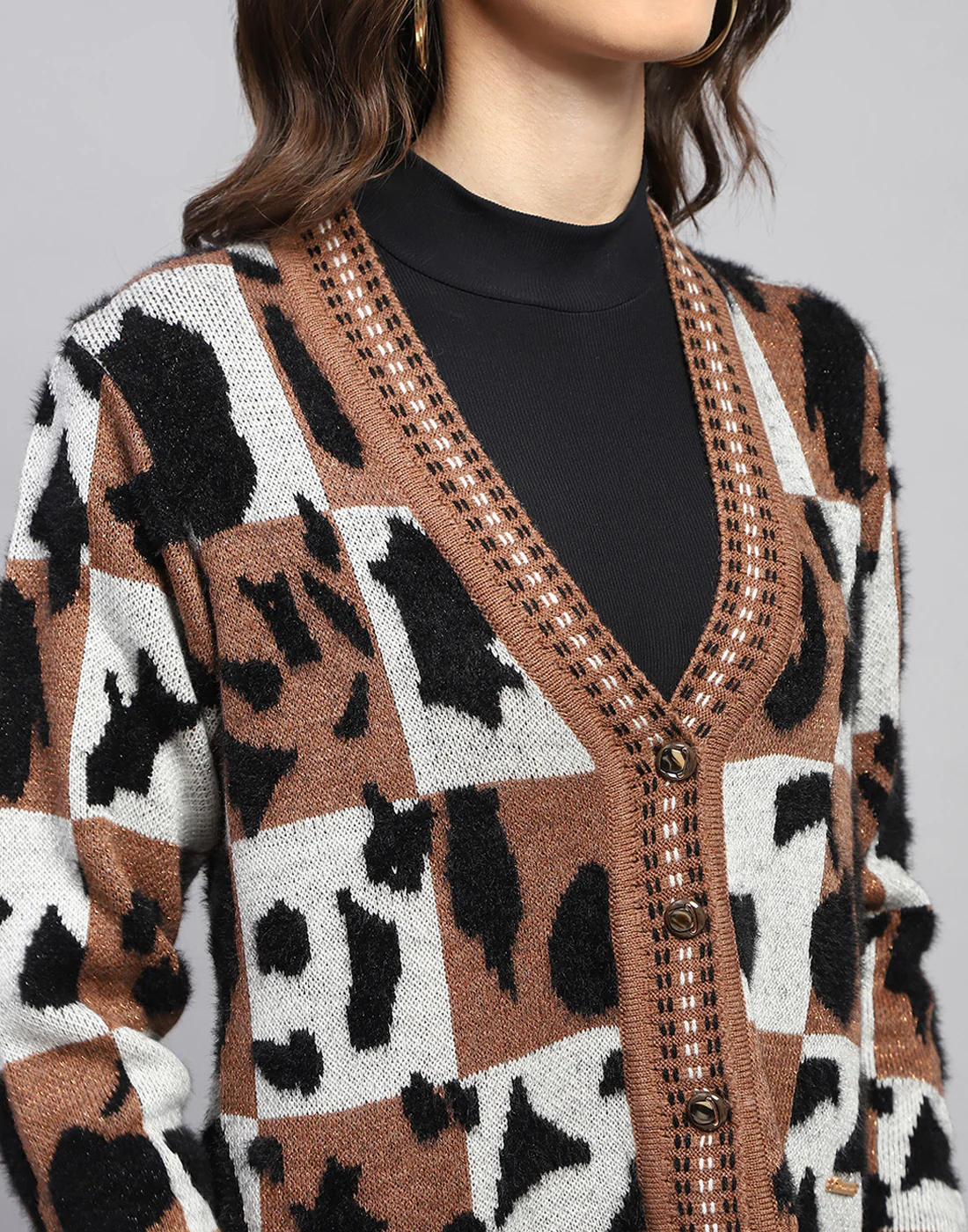 Women Multicolor Self Design V Neck Full Sleeve Cardigan - Image 6