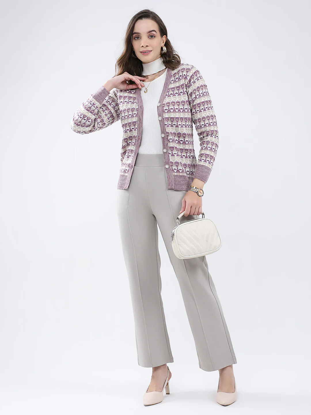 Women Multicolor Self Design V Neck Full Sleeve Cardigan - Image 2