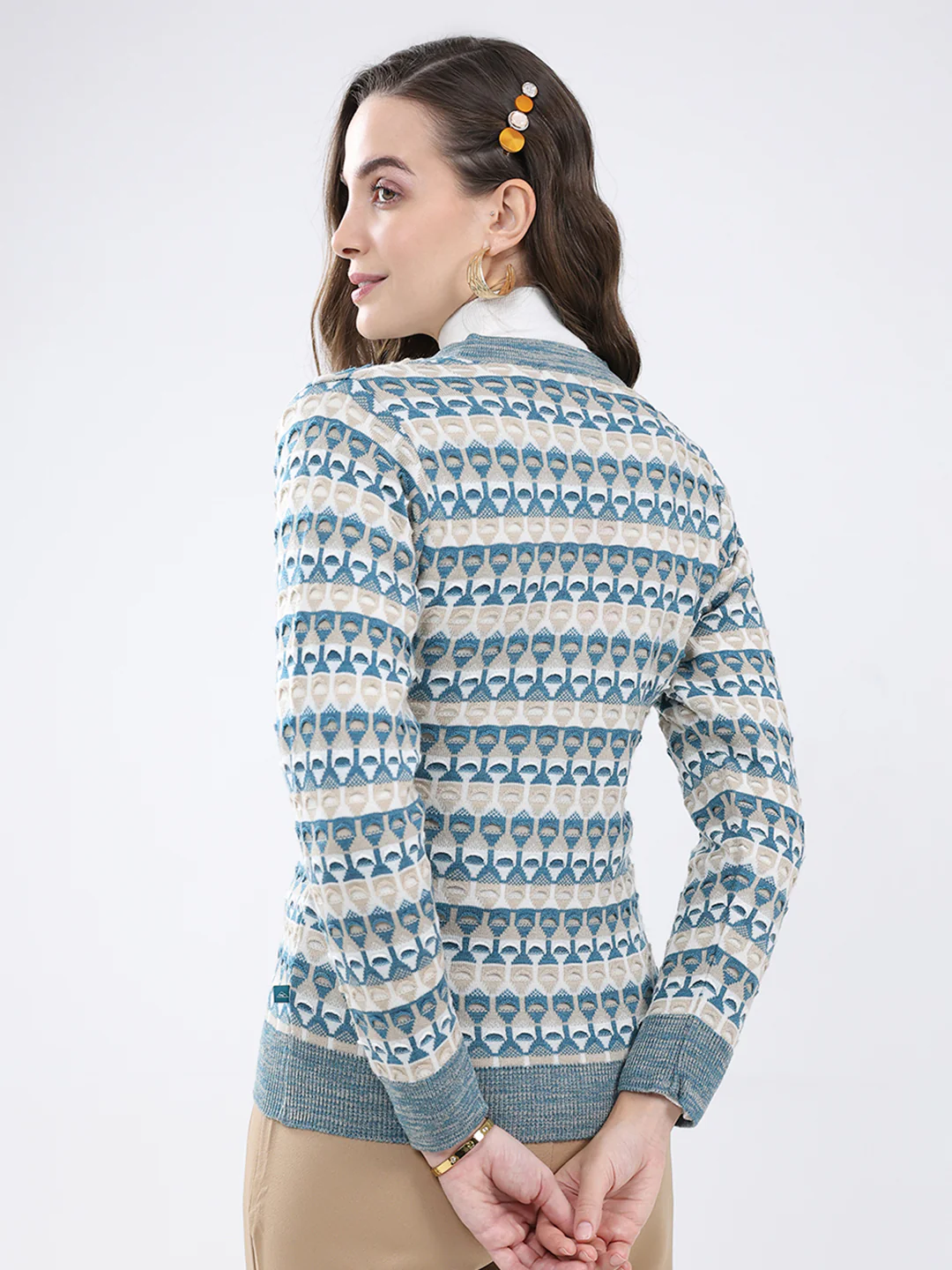Women Multicolor Self Design V Neck Full Sleeve Cardigan - Image 5