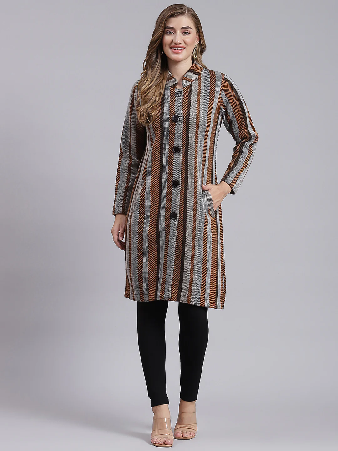 Women Multicolor Self Design Wool blend Knitted Coat - Image 3