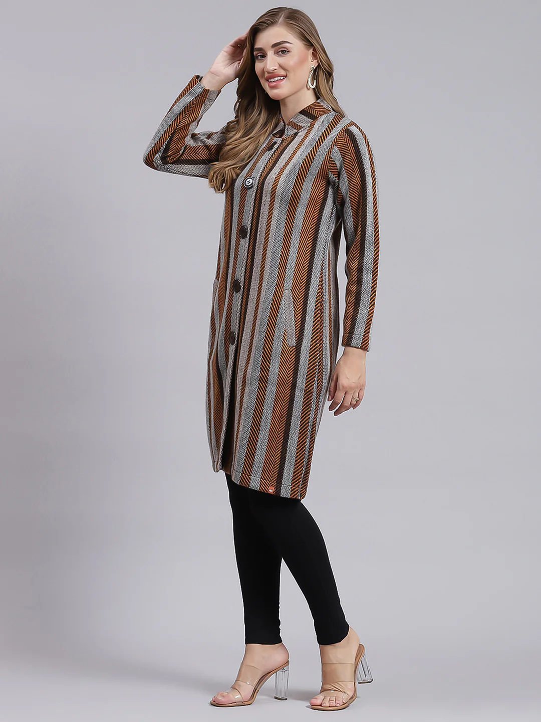 Women Multicolor Self Design Wool blend Knitted Coat - Image 5