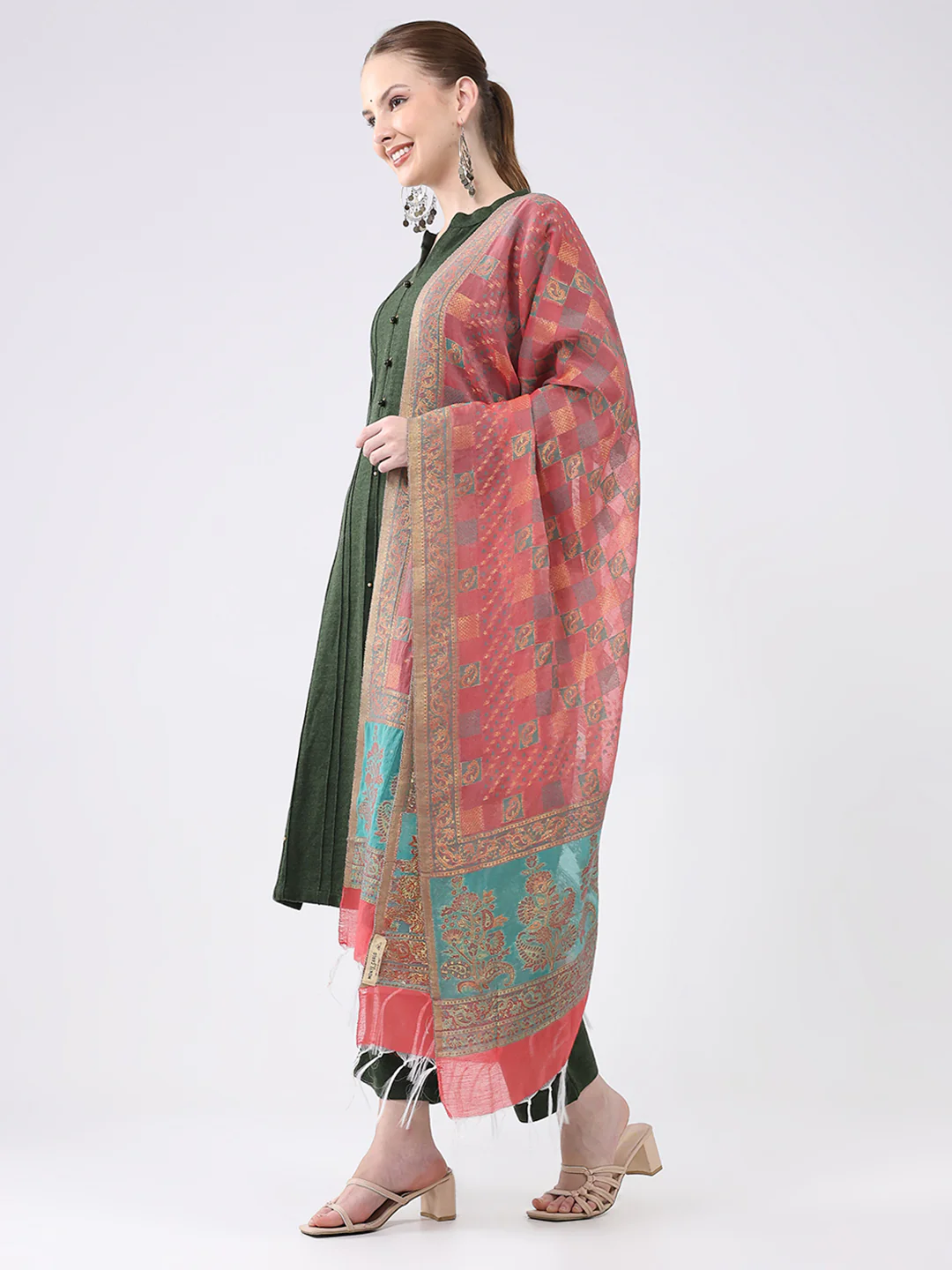 Women Multicolor Self Design Wool Stole - Image 3