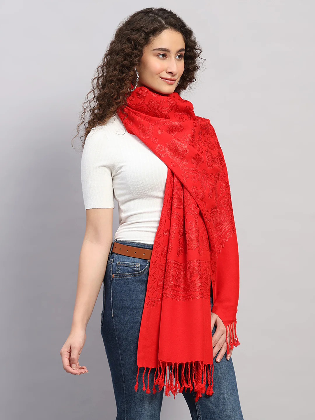 Women Multicolor Self Design Wool Stole - Image 5