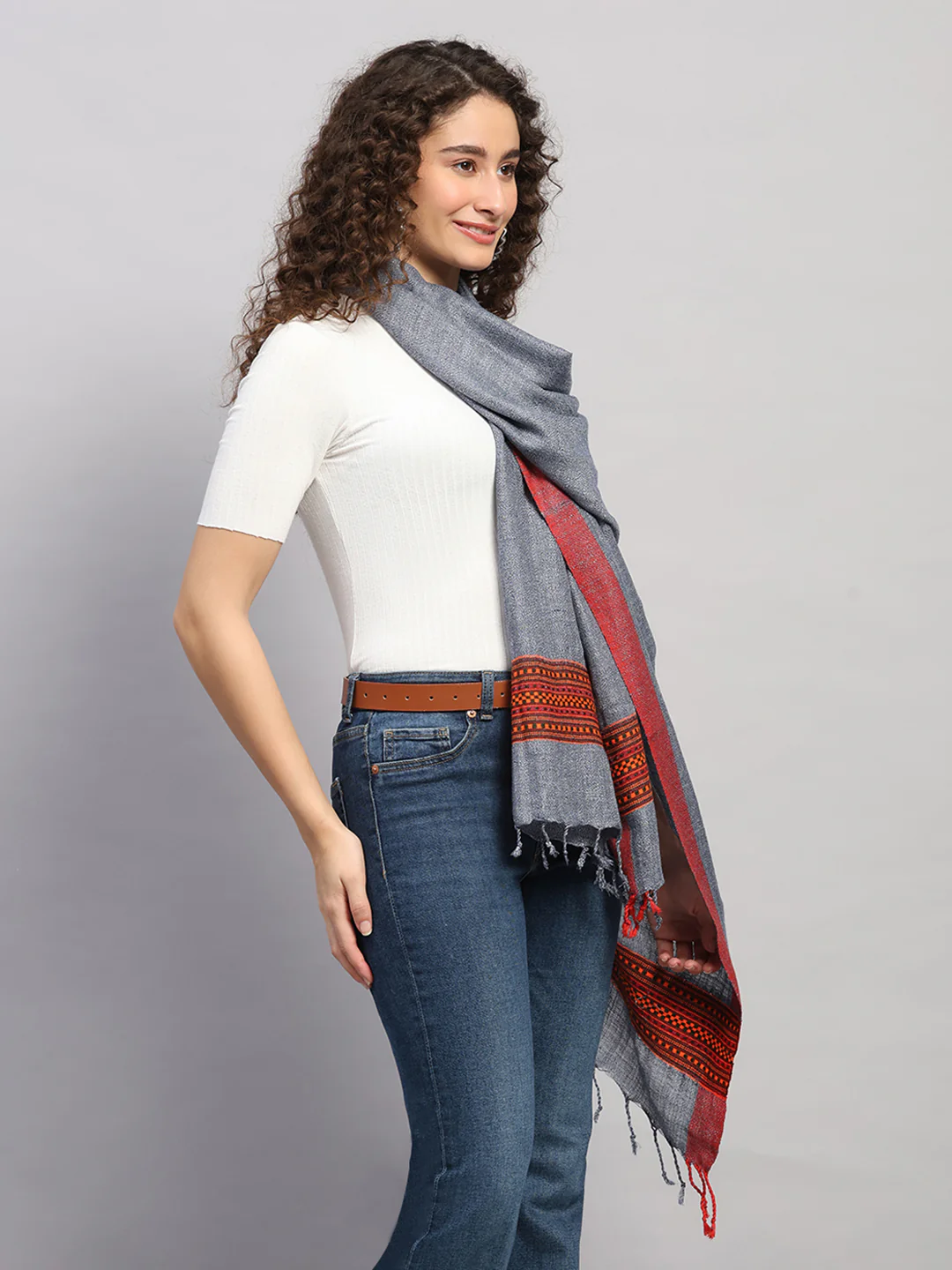 Women Multicolor Self Design Wool Stole - Image 5