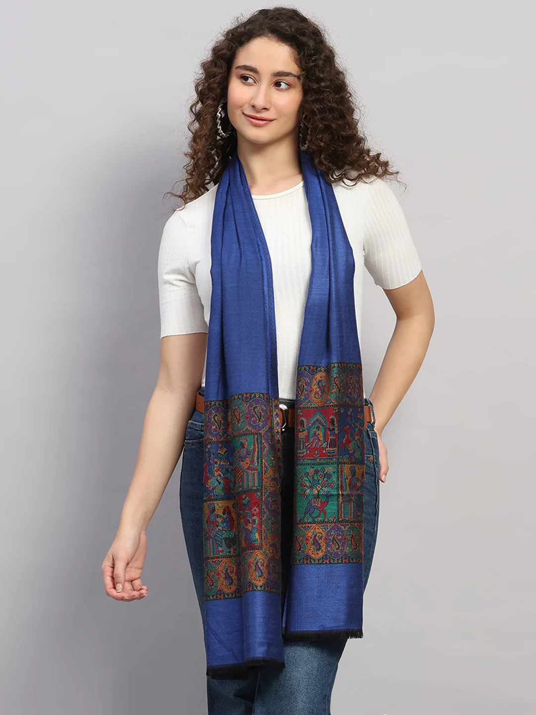 Women Multicolor Self Design Wool Stole - Image 5