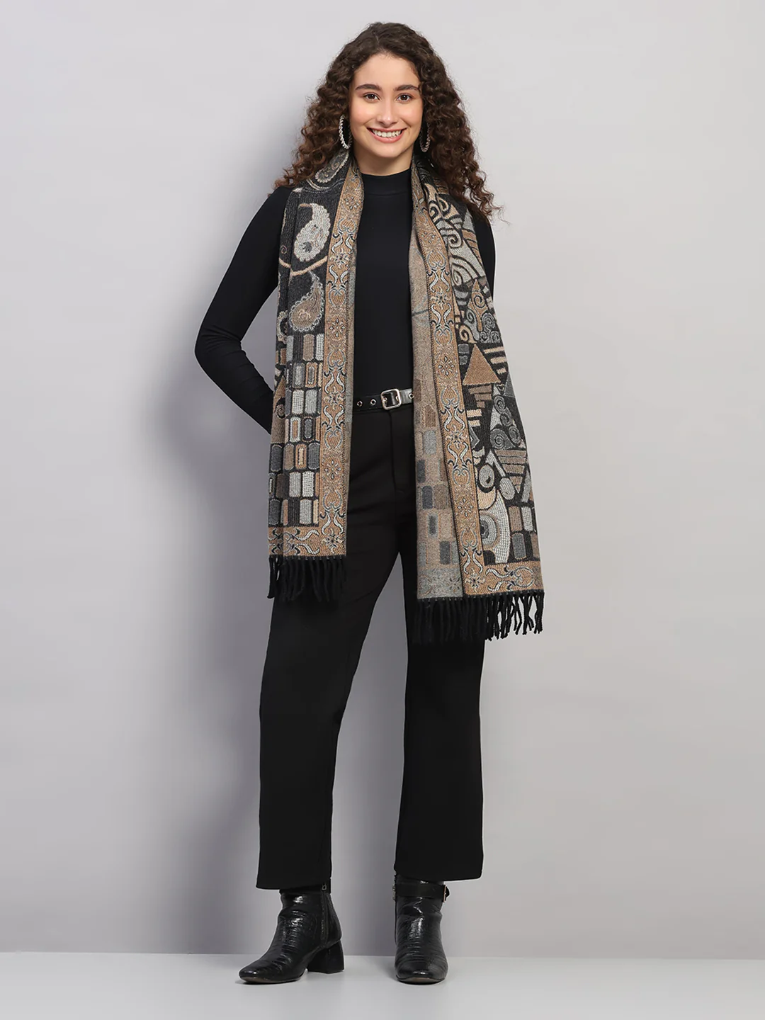 Women Multicolor Self Design Wool Stole - Image 5