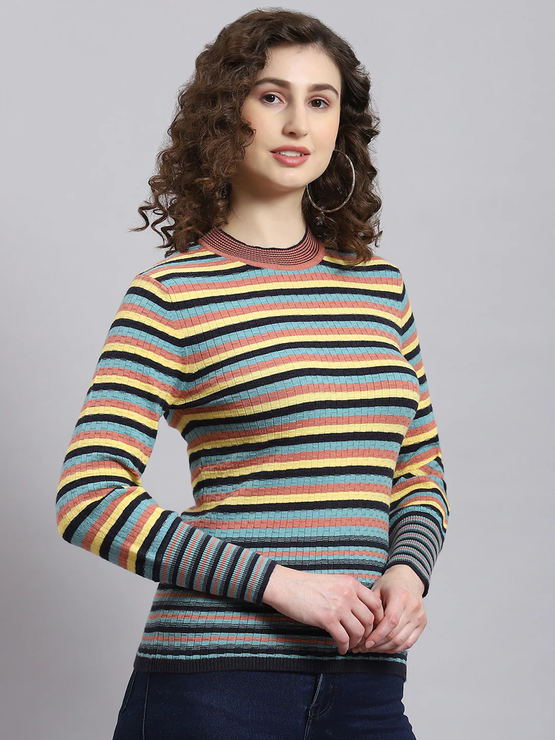 Women Multicolor Stripe Round Neck Full Sleeve Sweatshirt - Image 3