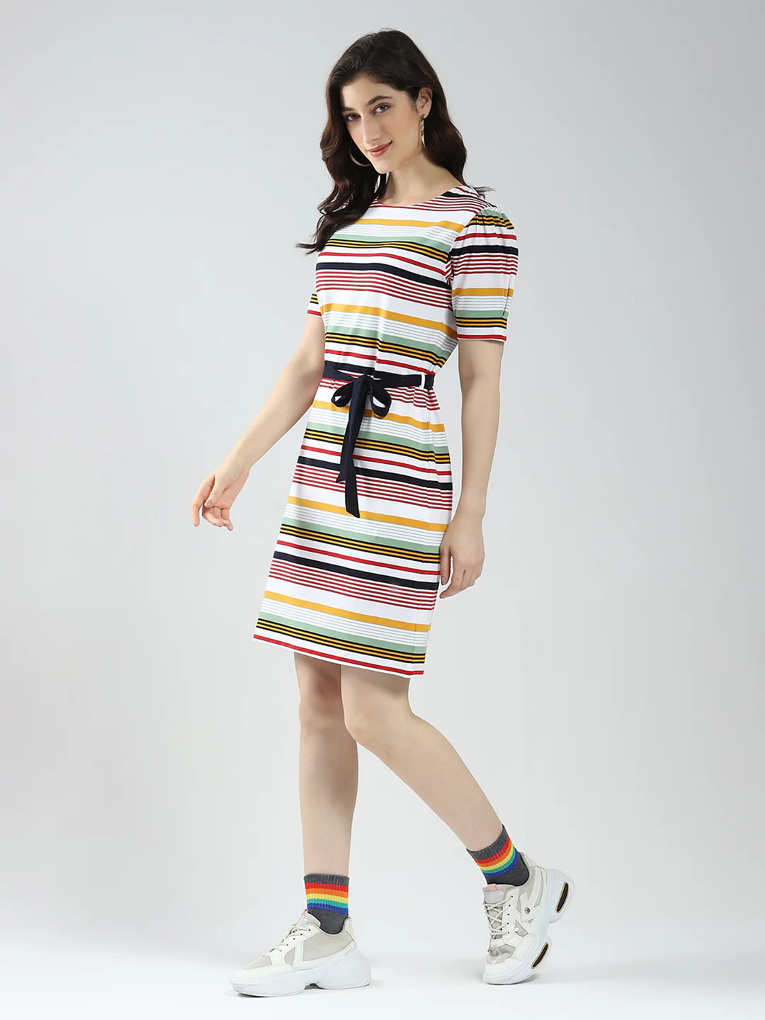 Women Multicolor Stripe Round Neck Half Sleeve Dress - Image 4