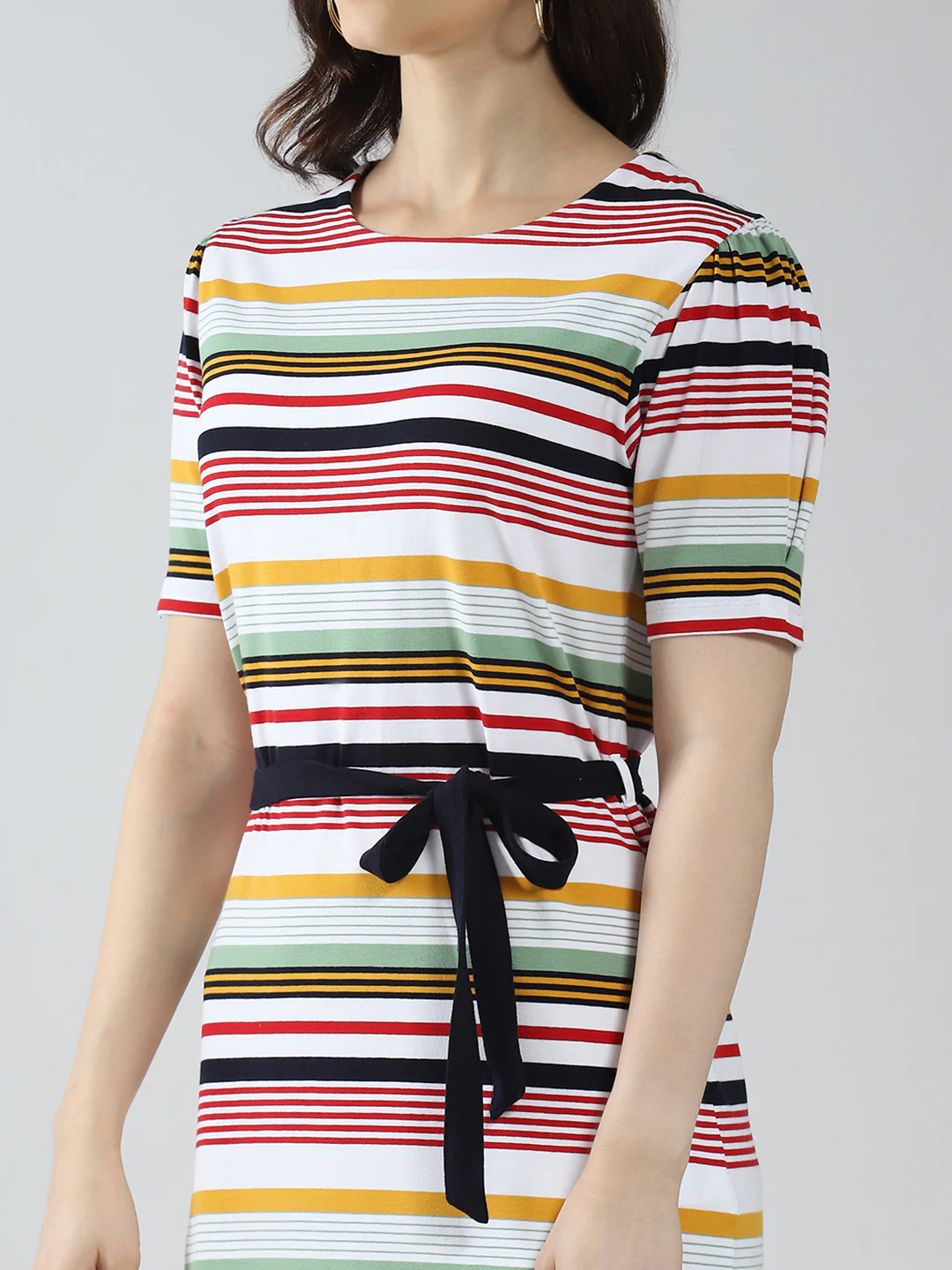 Women Multicolor Stripe Round Neck Half Sleeve Dress - Image 7