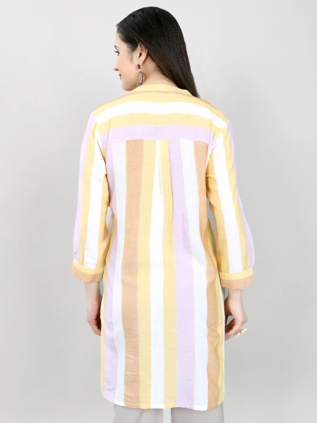 Women Multicolor Stripe V Neck 3/4th Sleeve Kurti - Image 4