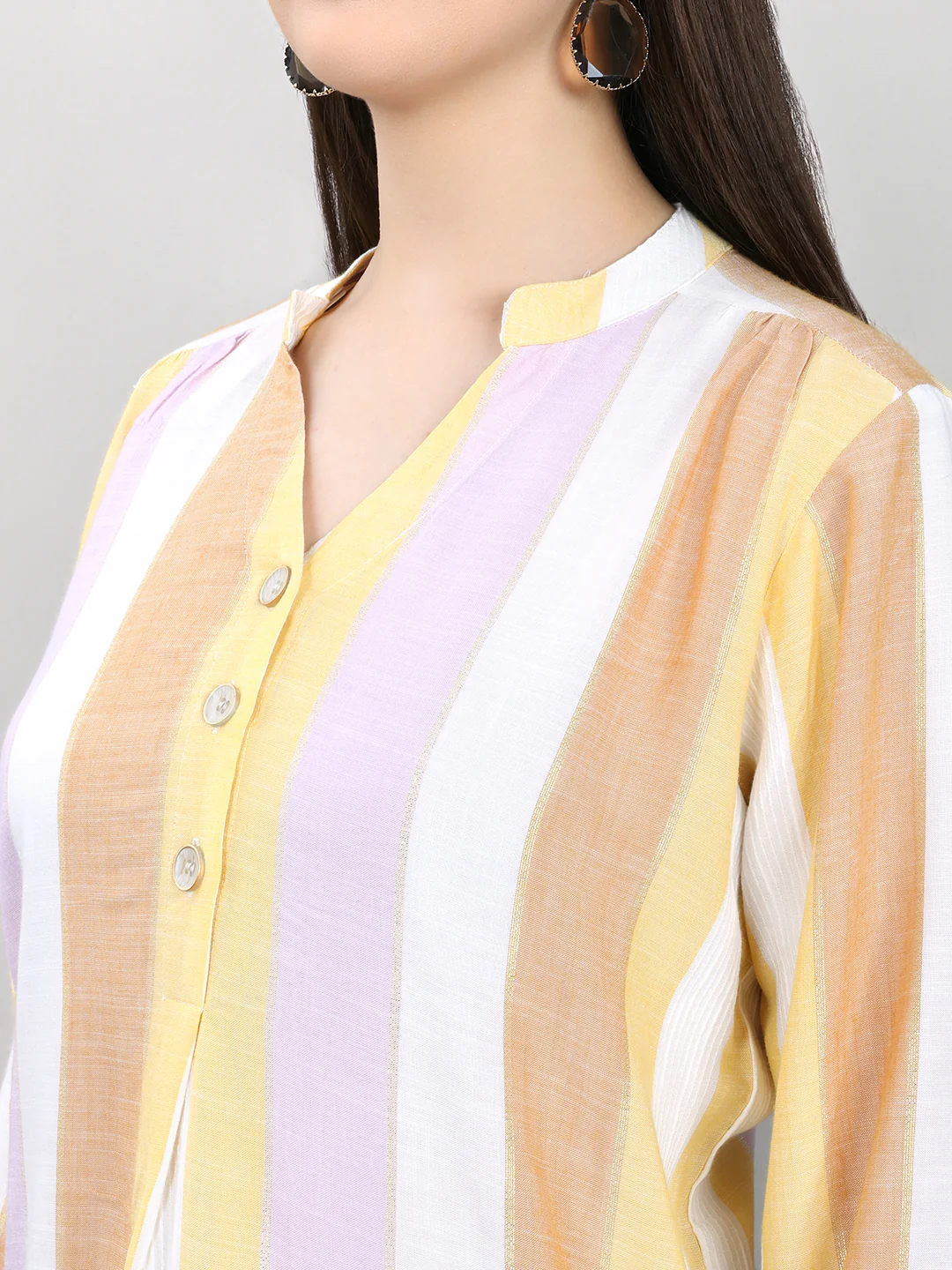 Women Multicolor Stripe V Neck 3/4th Sleeve Kurti - Image 5