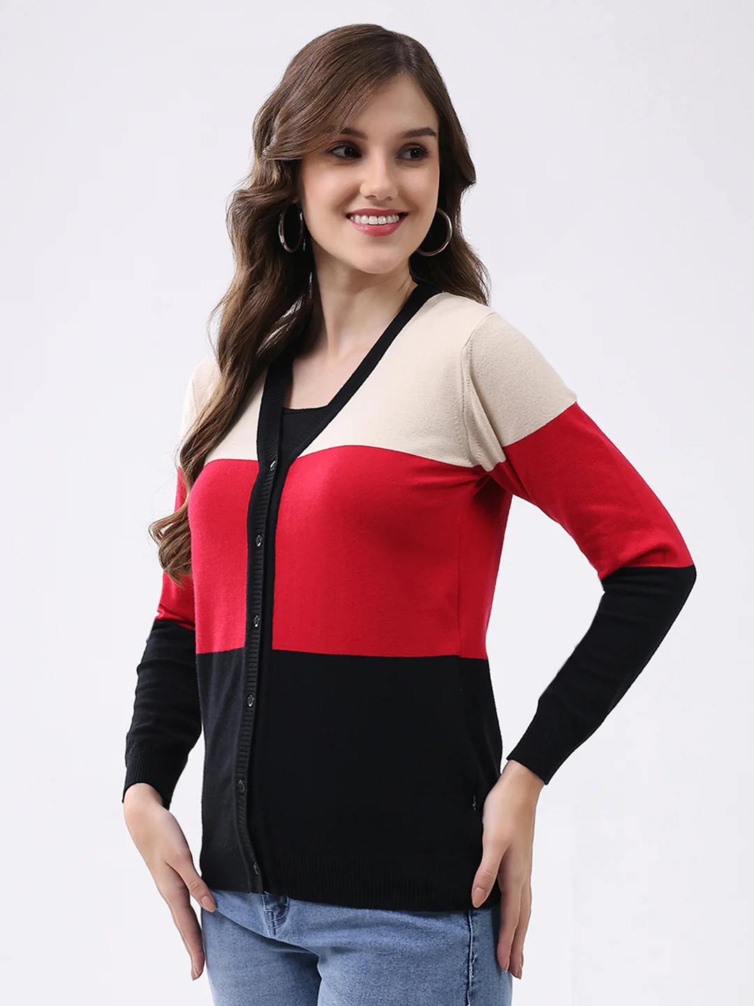 Women Multicolor Stripe V Neck Full Sleeve Cardigan - Image 3