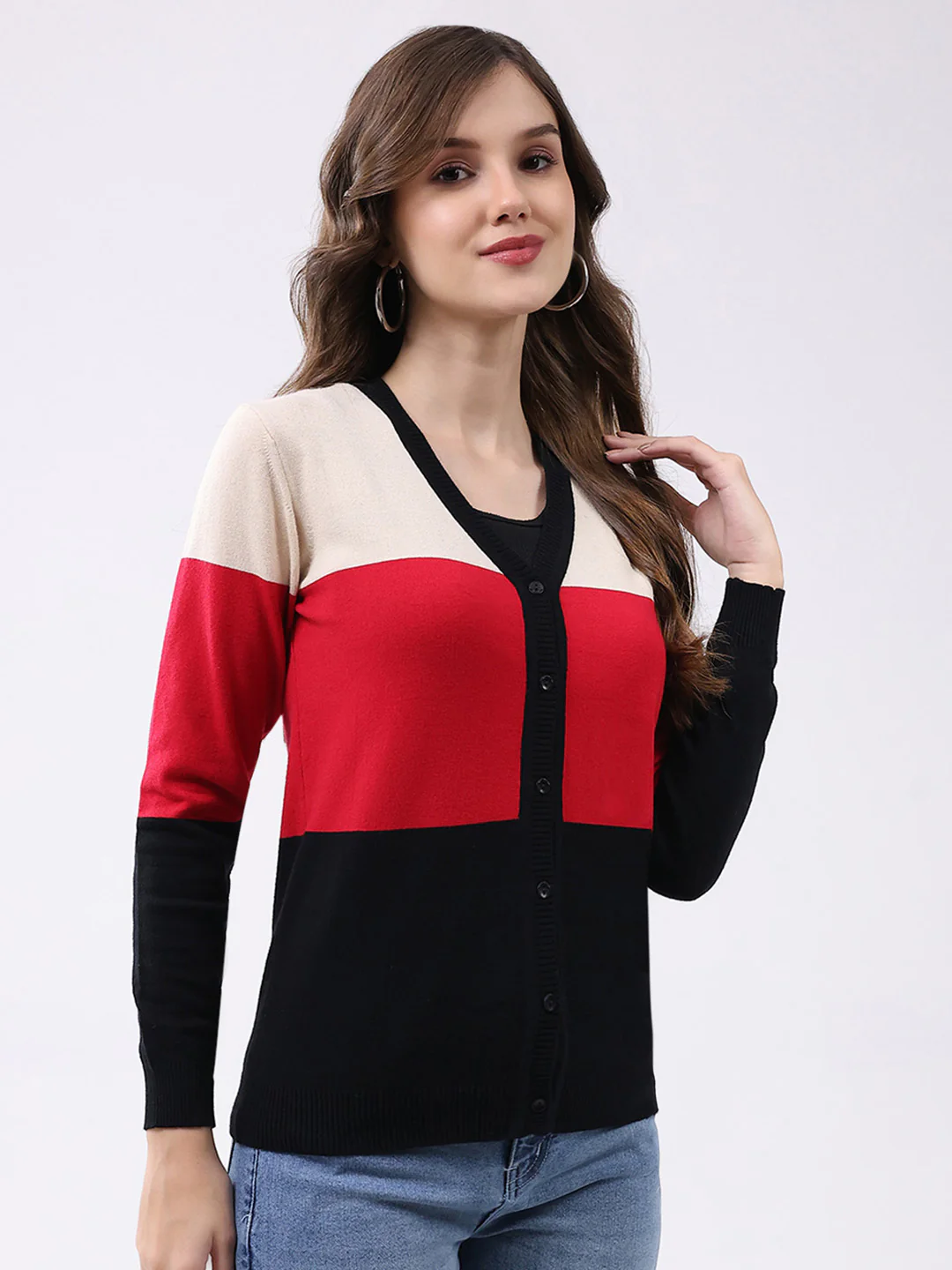 Women Multicolor Stripe V Neck Full Sleeve Cardigan - Image 4