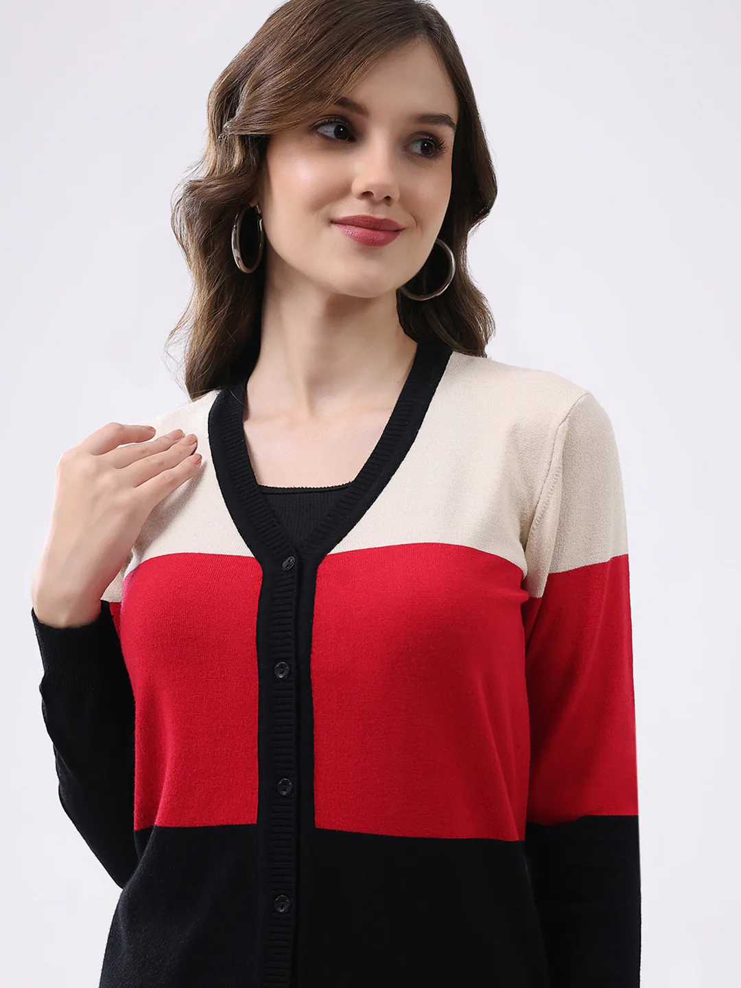Women Multicolor Stripe V Neck Full Sleeve Cardigan - Image 7