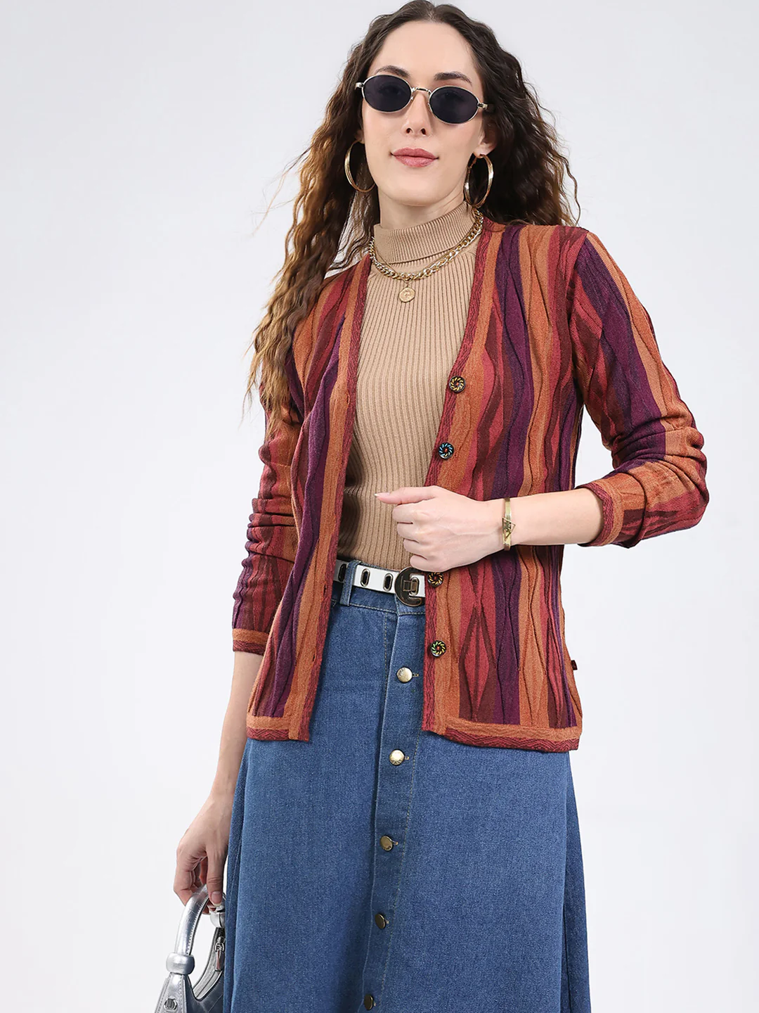 Women Multicolor Wave Stripe V Neck Full Sleeve Cardigan - Image 6