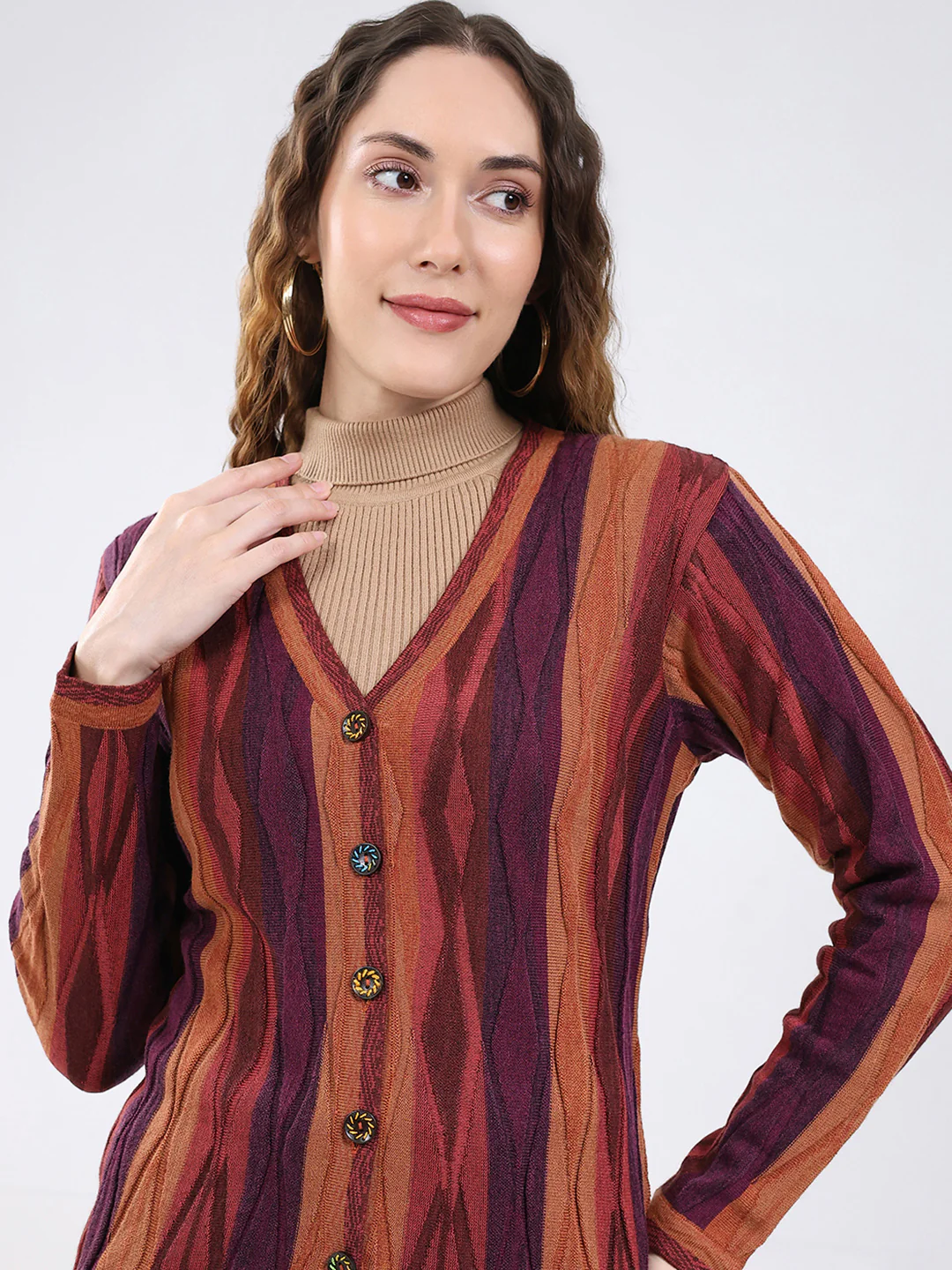 Women Multicolor Wave Stripe V Neck Full Sleeve Cardigan - Image 7