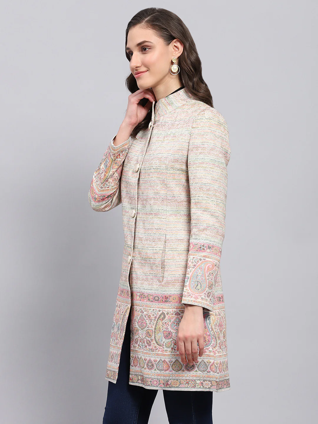 Women Multicolor Woven Design Round Neck Full Sleeve Coat - Image 3