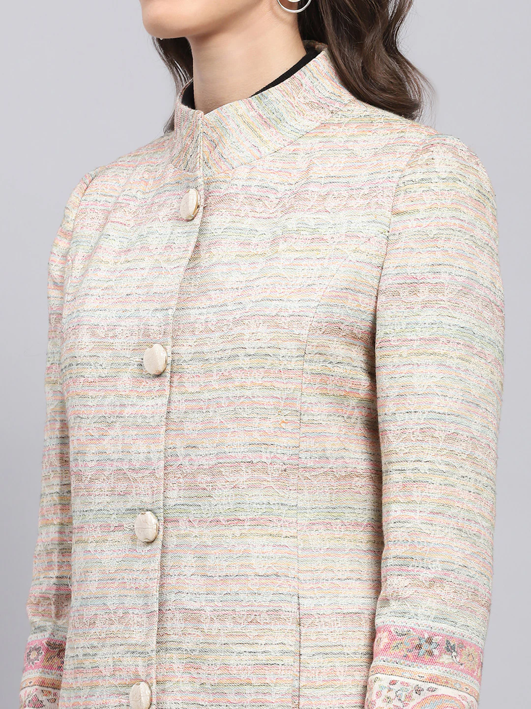 Women Multicolor Woven Design Round Neck Full Sleeve Coat - Image 6