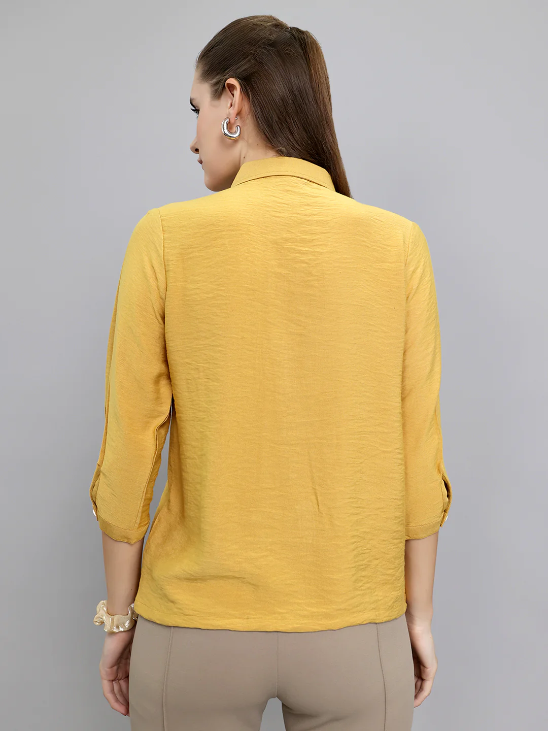 Women Mustard Embroidered Collar 3/4th Sleeve Top - Image 4
