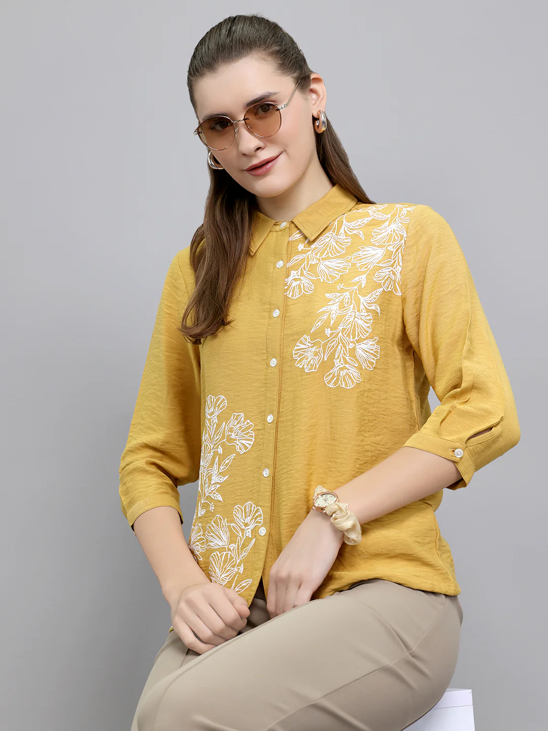 Women Mustard Embroidered Collar 3/4th Sleeve Top - Image 5